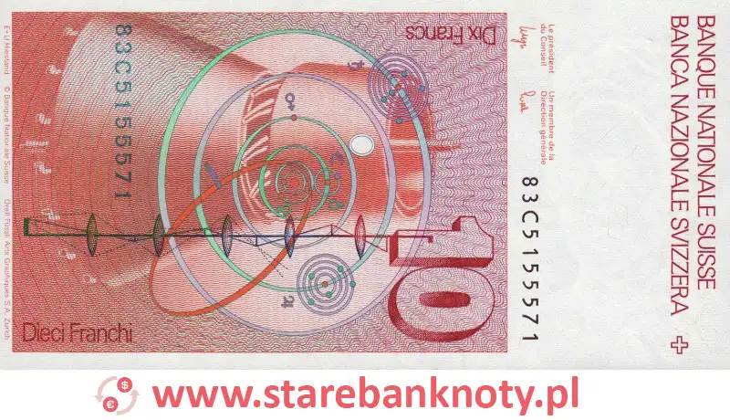 widok banknotu 10 franków szwajcarskich rewers